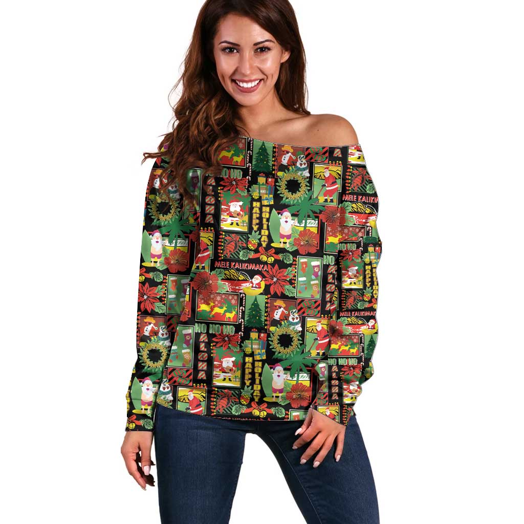 Hawaiian Santa Christmas Pattern Off Shoulder Sweater Black Version - Wonder Print Shop