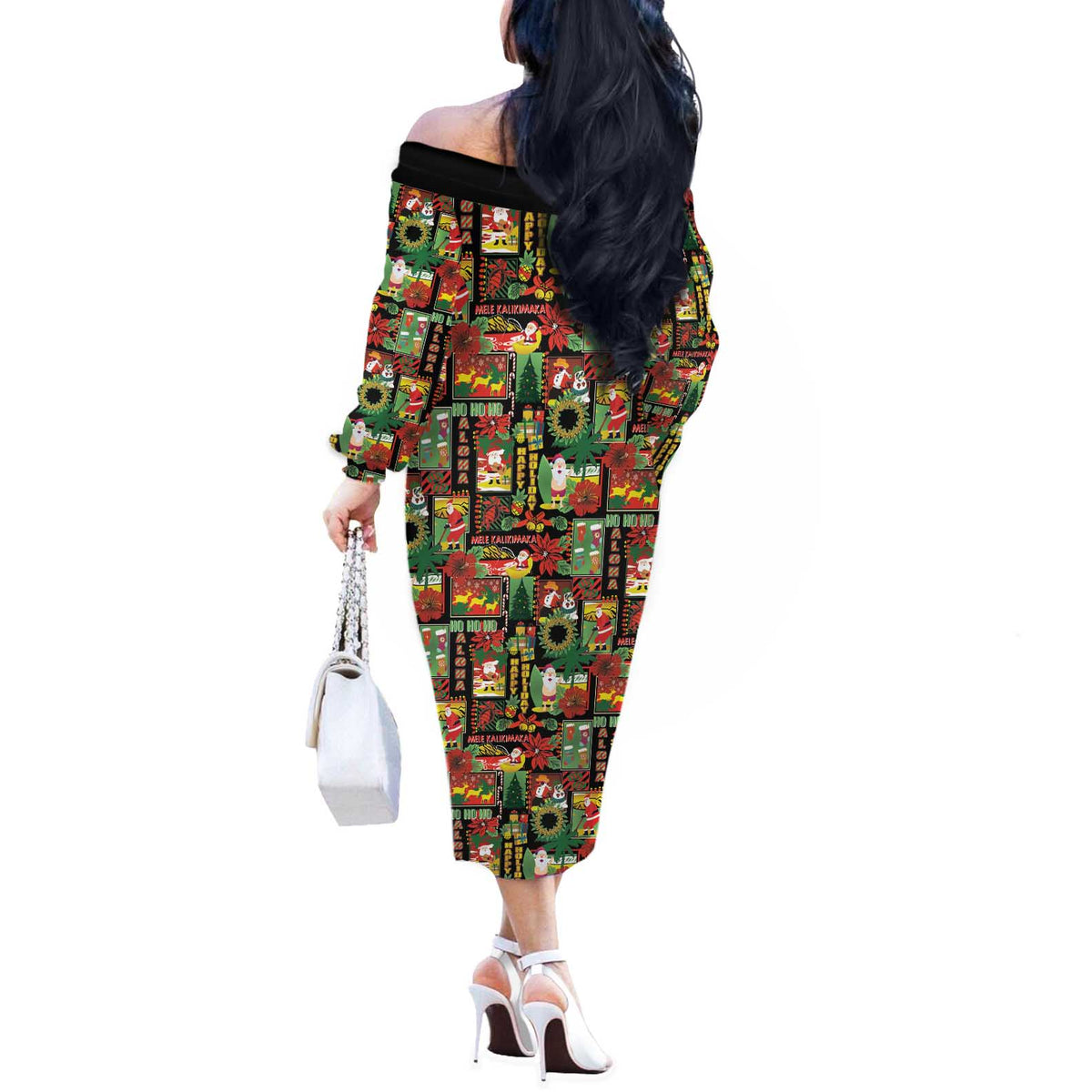 Hawaiian Santa Christmas Pattern Off The Shoulder Long Sleeve Dress Black Version - Wonder Print Shop