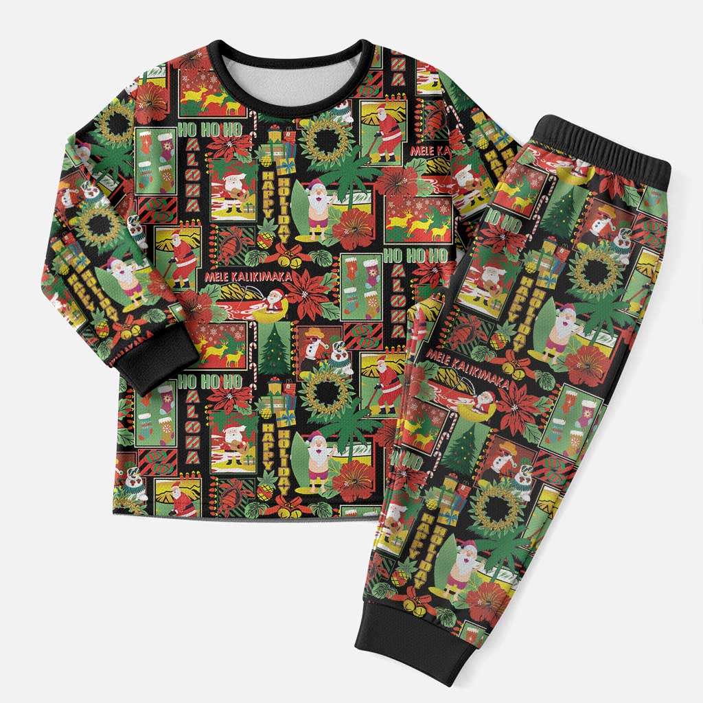 Hawaiian Santa Christmas Pattern Christmas Pajama Set Black Version - Wonder Print Shop