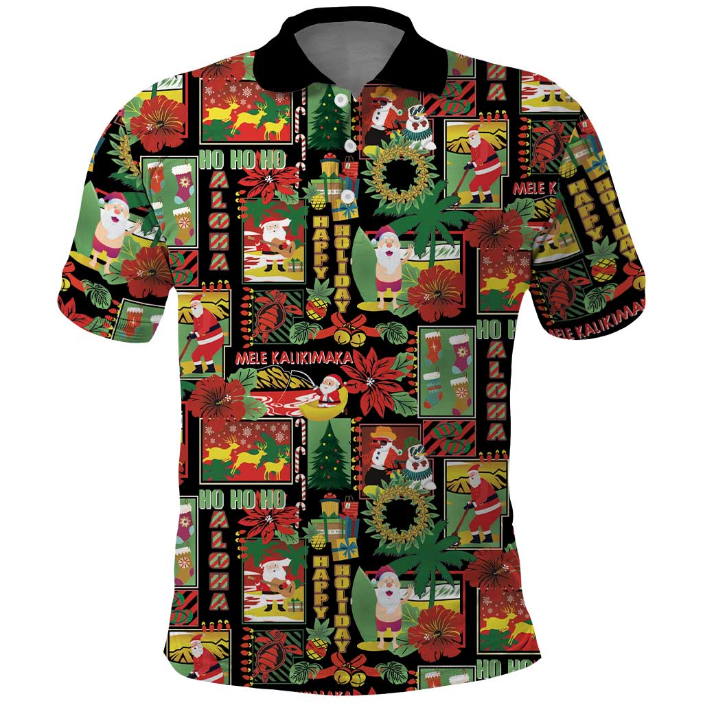 Hawaiian Santa Christmas Pattern Polo Shirt Black Version - Wonder Print Shop