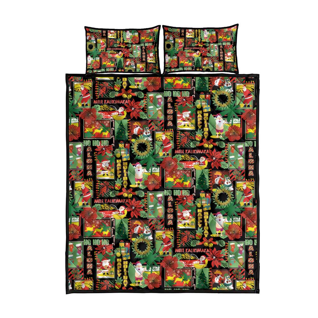 Hawaiian Santa Christmas Pattern Quilt Bed Set Black Version - Wonder Print Shop