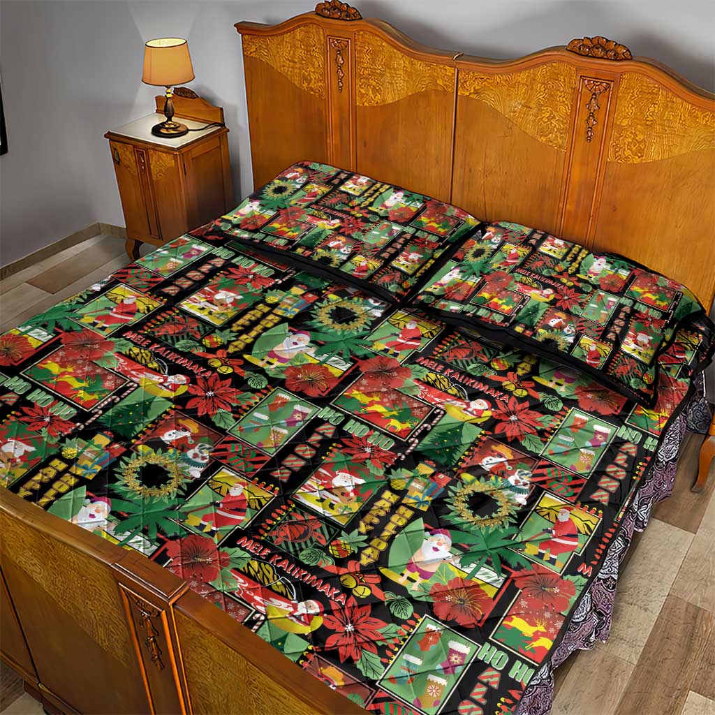 Hawaiian Santa Christmas Pattern Quilt Bed Set Black Version - Wonder Print Shop
