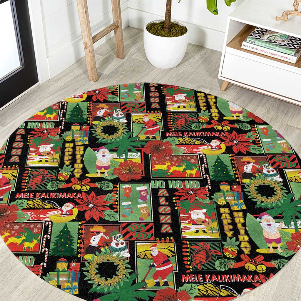 Hawaiian Santa Christmas Pattern Round Carpet Black Version - Wonder Print Shop