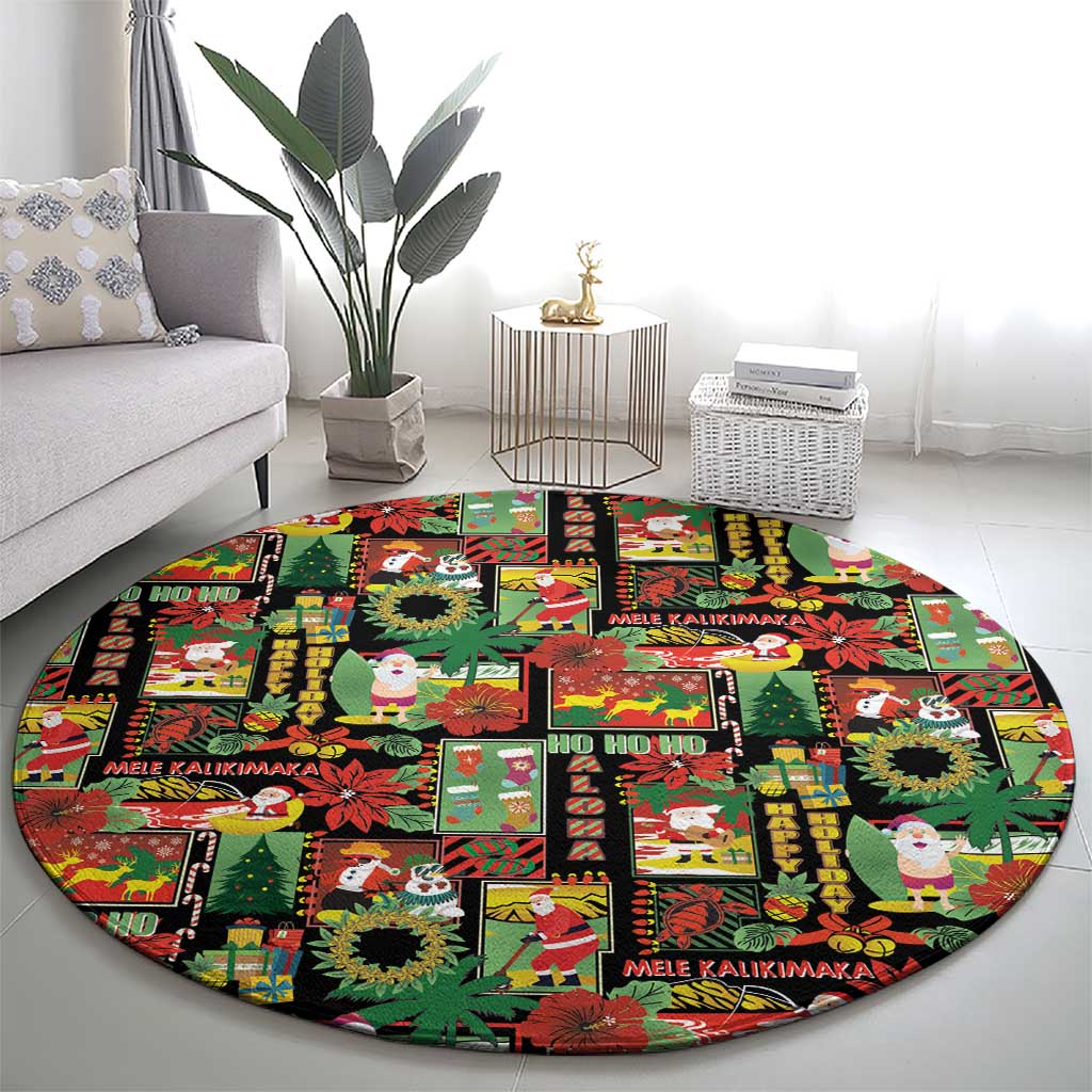 Hawaiian Santa Christmas Pattern Round Carpet Black Version - Wonder Print Shop