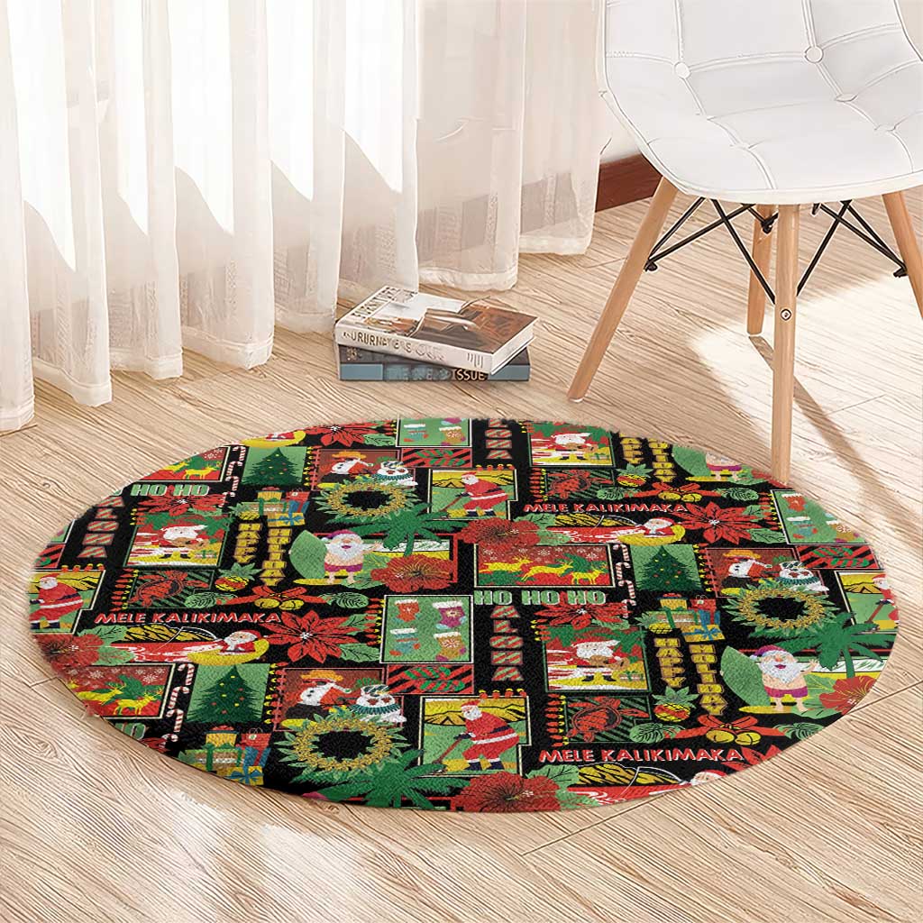 Hawaiian Santa Christmas Pattern Round Carpet Black Version - Wonder Print Shop