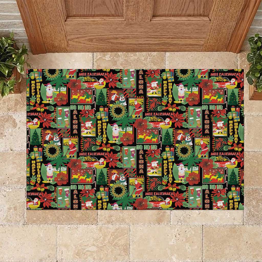 Hawaiian Santa Christmas Pattern Rubber Doormat Black Version - Wonder Print Shop