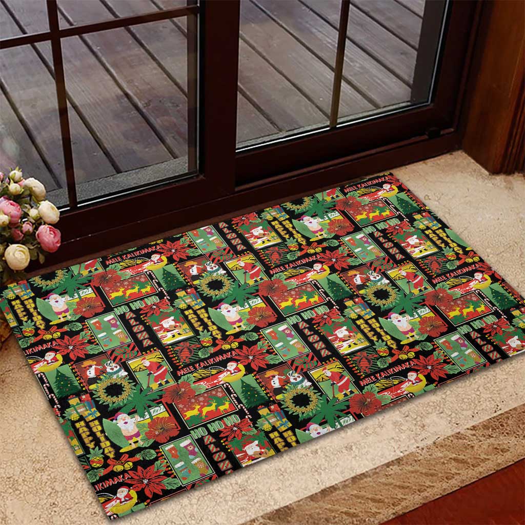 Hawaiian Santa Christmas Pattern Rubber Doormat Black Version - Wonder Print Shop