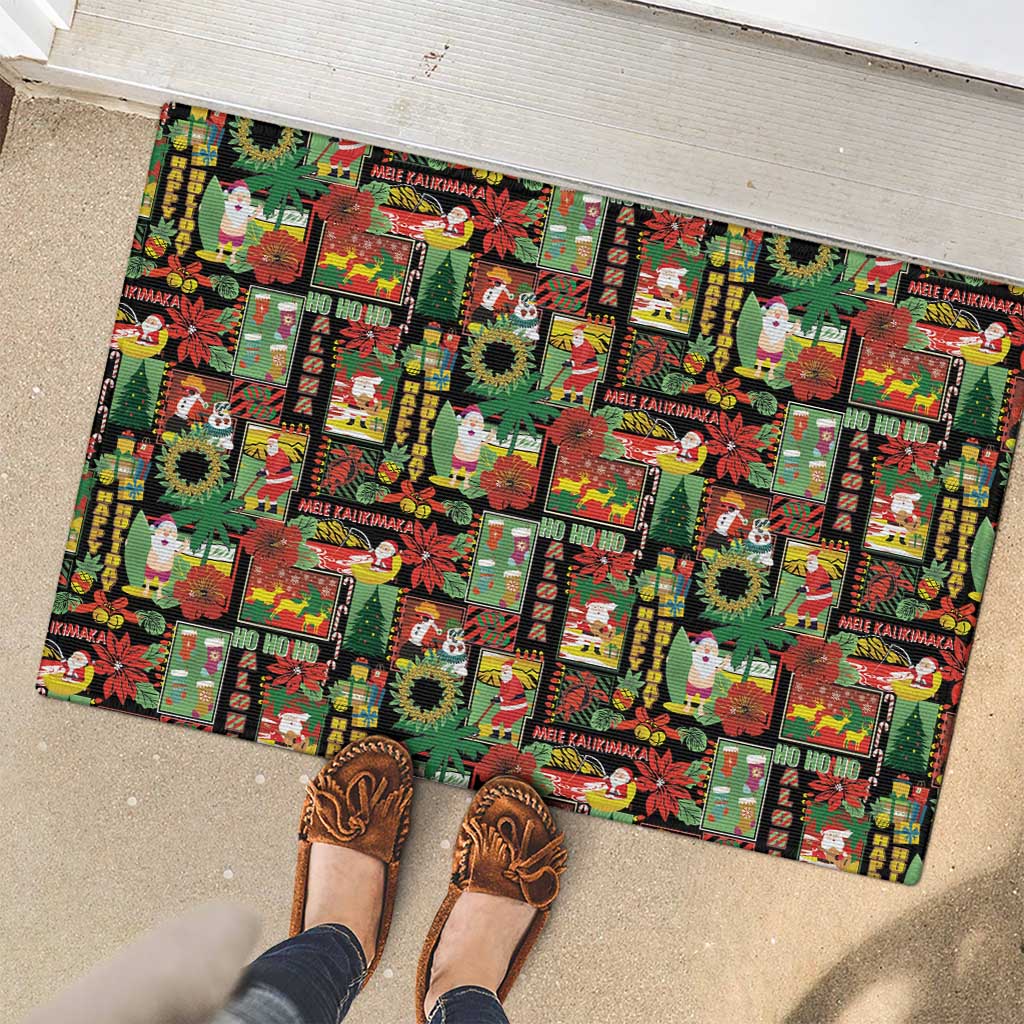 Hawaiian Santa Christmas Pattern Rubber Doormat Black Version - Wonder Print Shop