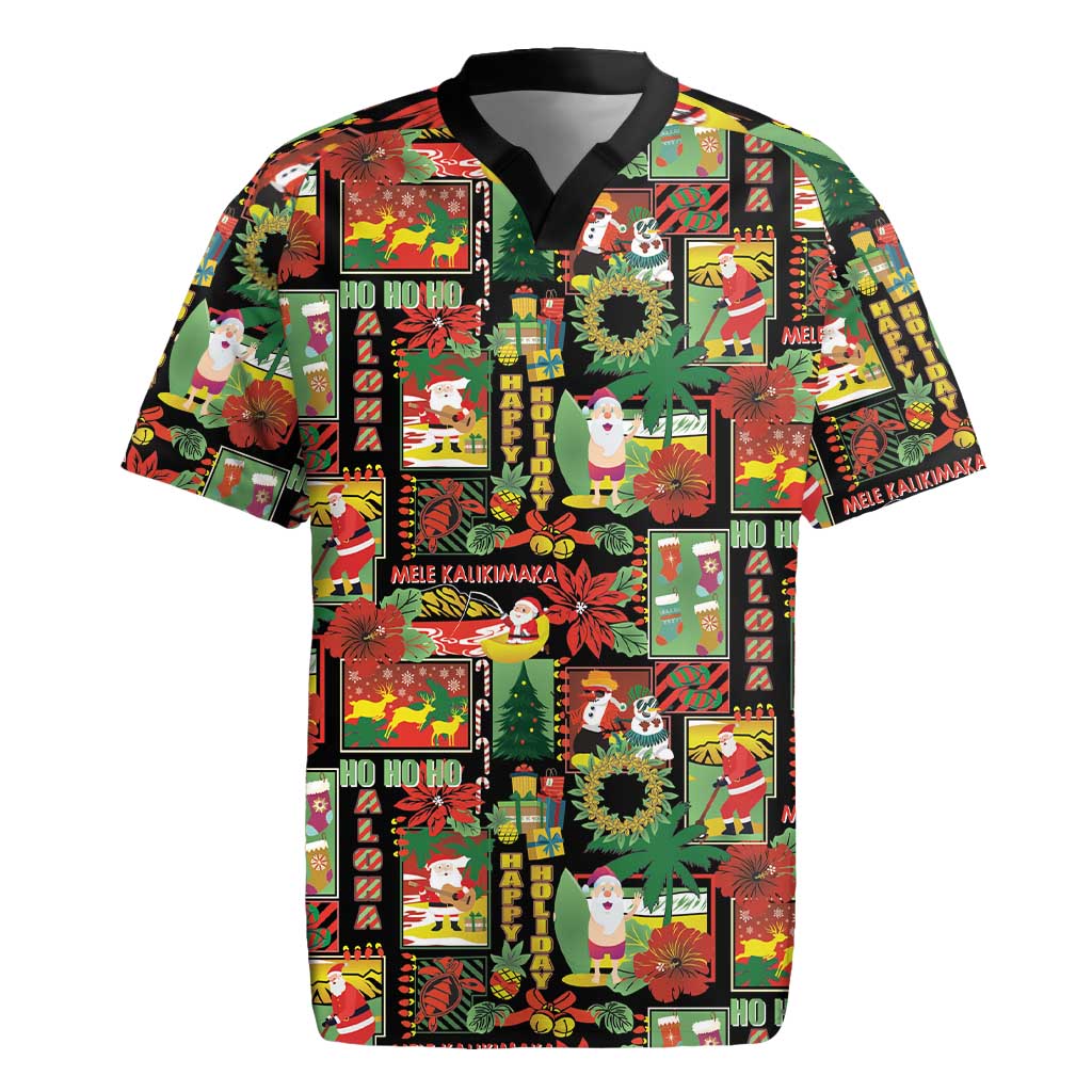 Hawaiian Santa Christmas Pattern Rugby Jersey Black Version - Wonder Print Shop