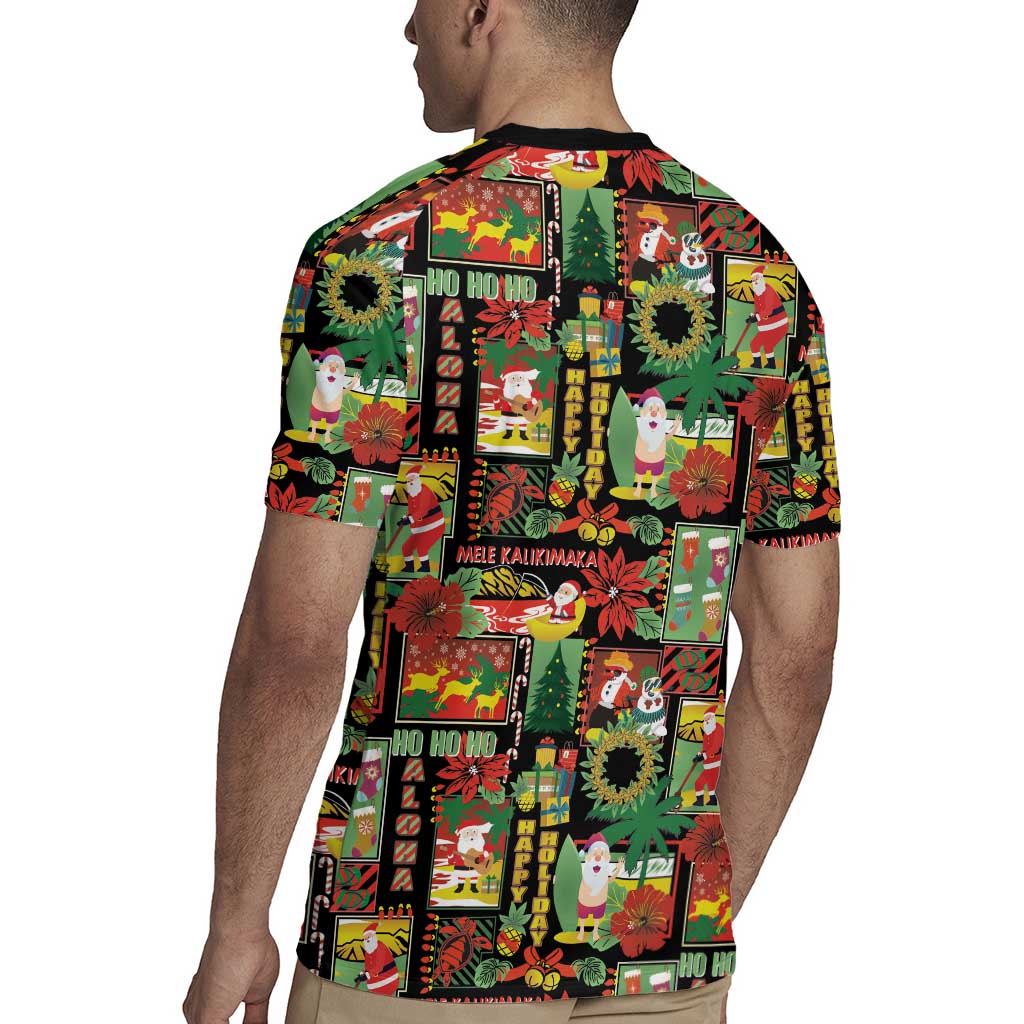 Hawaiian Santa Christmas Pattern Rugby Jersey Black Version - Wonder Print Shop