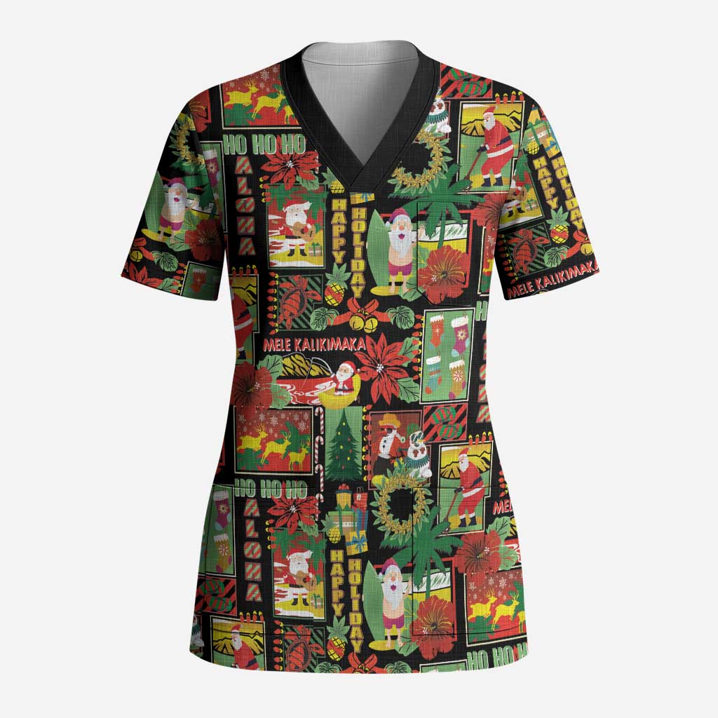 Hawaiian Santa Christmas Pattern Scrub Top Black Version - Wonder Print Shop