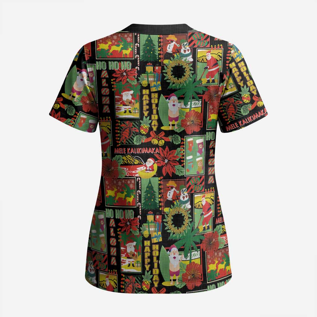 Hawaiian Santa Christmas Pattern Scrub Top Black Version - Wonder Print Shop