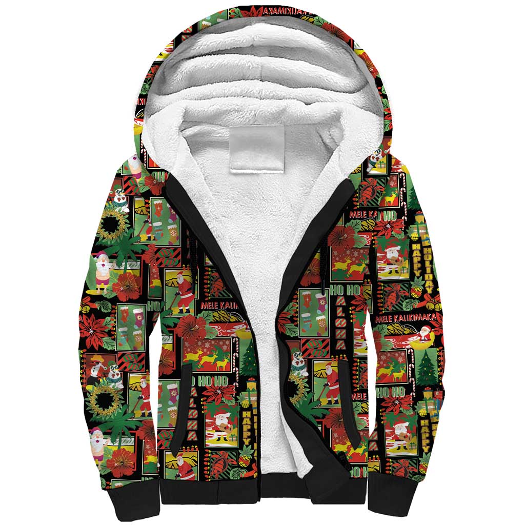 Hawaiian Santa Christmas Pattern Sherpa Hoodie Black Version - Wonder Print Shop