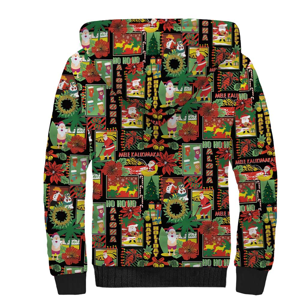 Hawaiian Santa Christmas Pattern Sherpa Hoodie Black Version - Wonder Print Shop