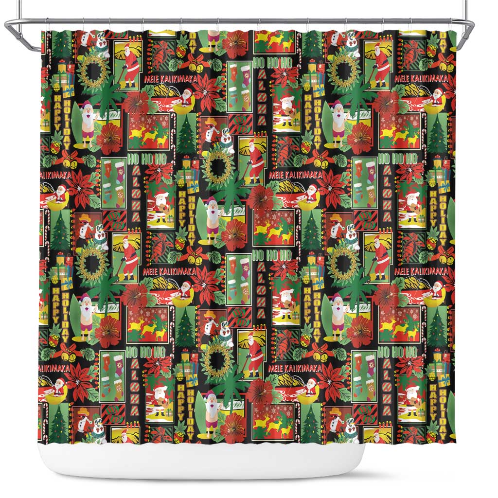 Hawaiian Santa Christmas Pattern Shower Curtain Black Version - Wonder Print Shop