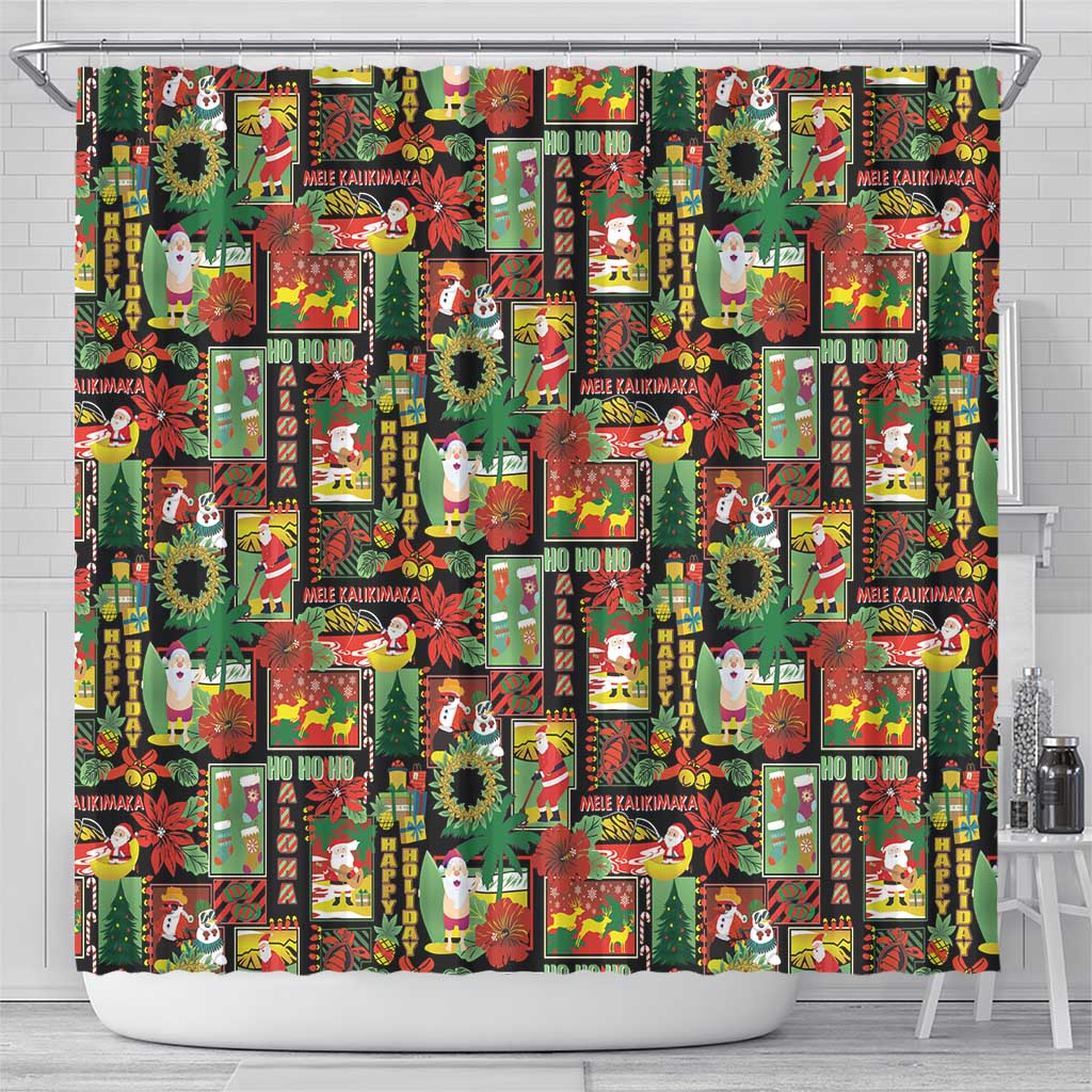 Hawaiian Santa Christmas Pattern Shower Curtain Black Version - Wonder Print Shop