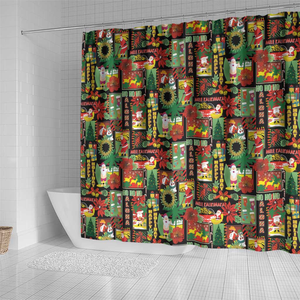 Hawaiian Santa Christmas Pattern Shower Curtain Black Version - Wonder Print Shop