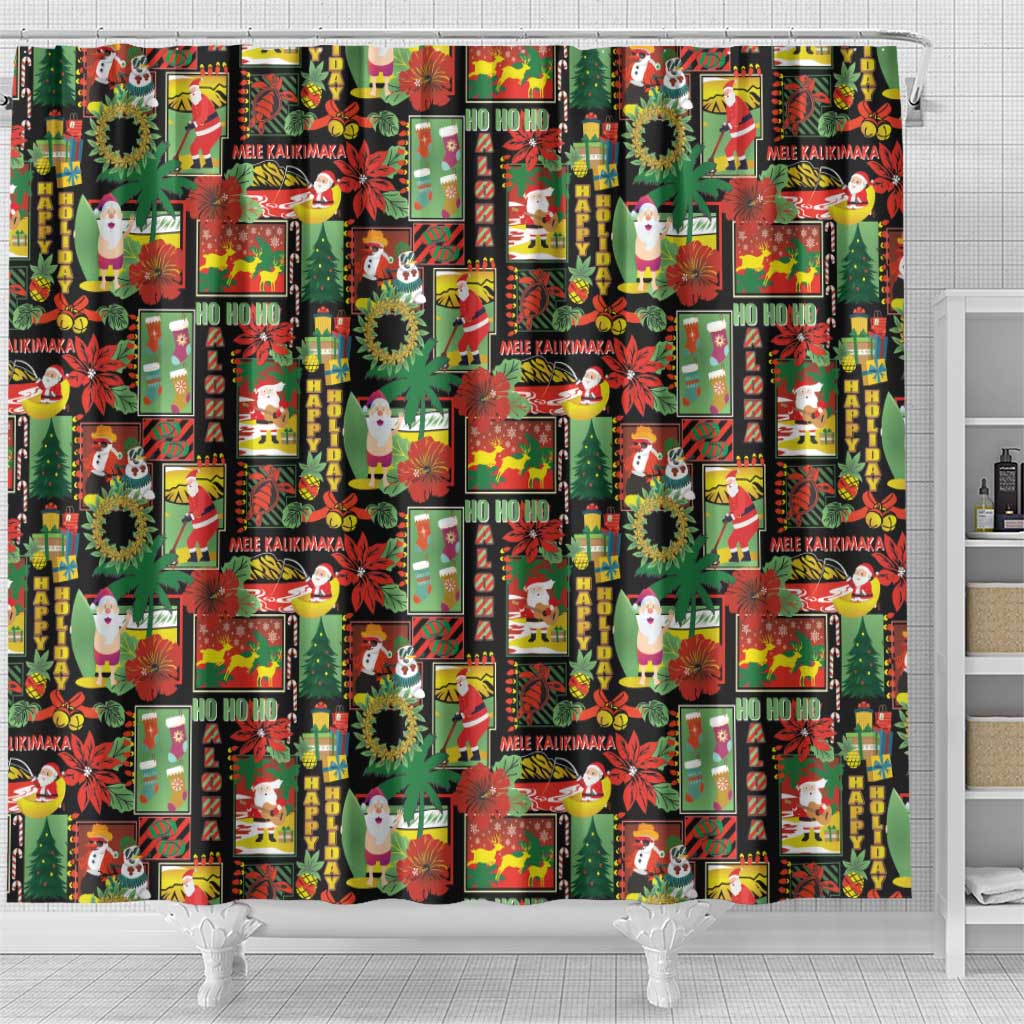 Hawaiian Santa Christmas Pattern Shower Curtain Black Version - Wonder Print Shop