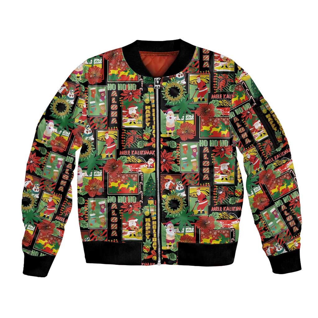 Hawaiian Santa Christmas Pattern Sleeve Zip Bomber Jacket Black Version - Wonder Print Shop