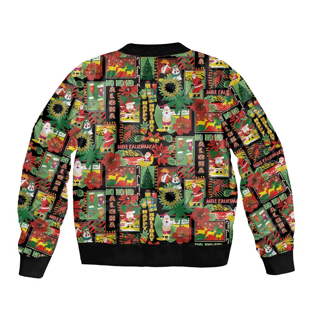 Hawaiian Santa Christmas Pattern Sleeve Zip Bomber Jacket Black Version - Wonder Print Shop