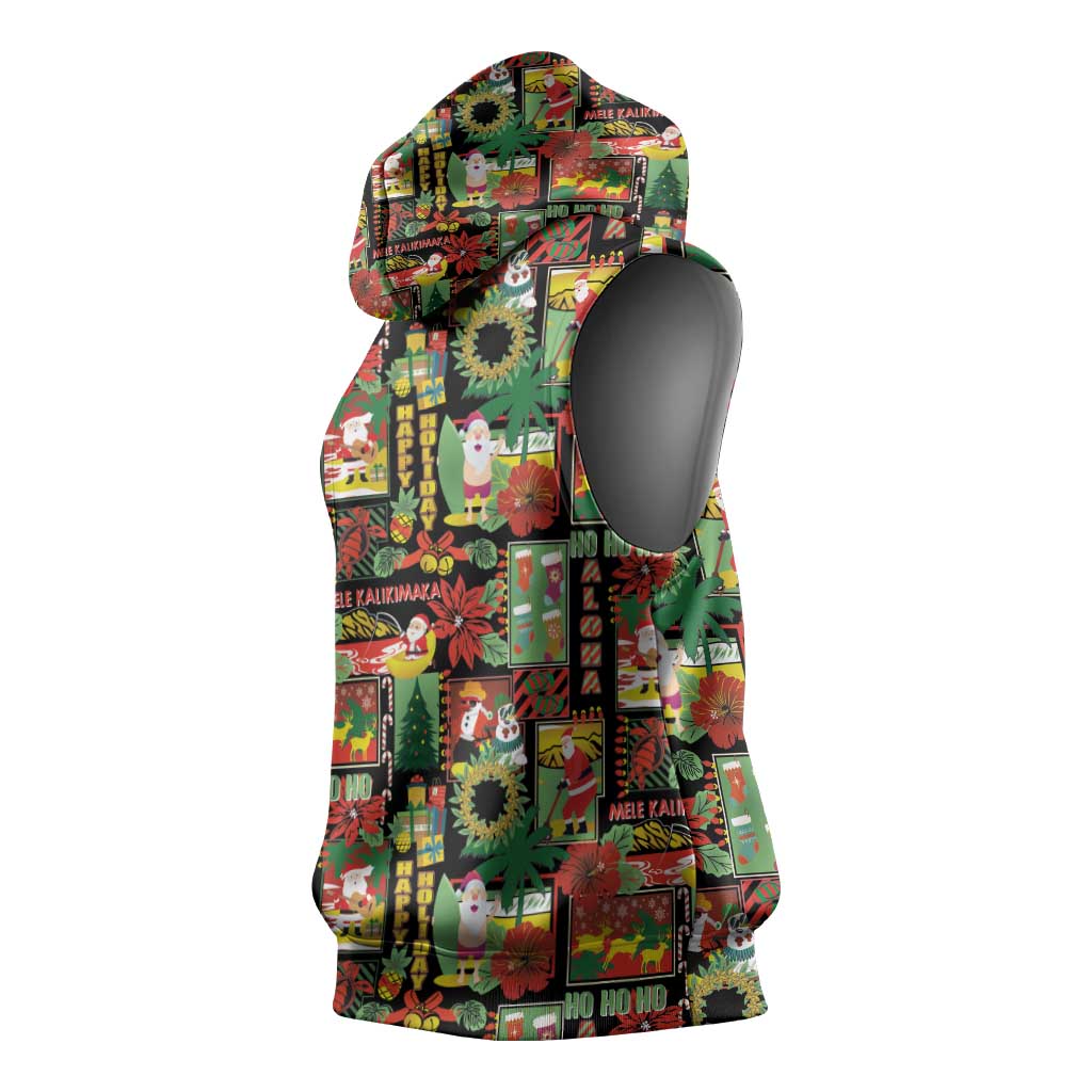 Hawaiian Santa Christmas Pattern Sleeveless Hoodie Black Version - Wonder Print Shop