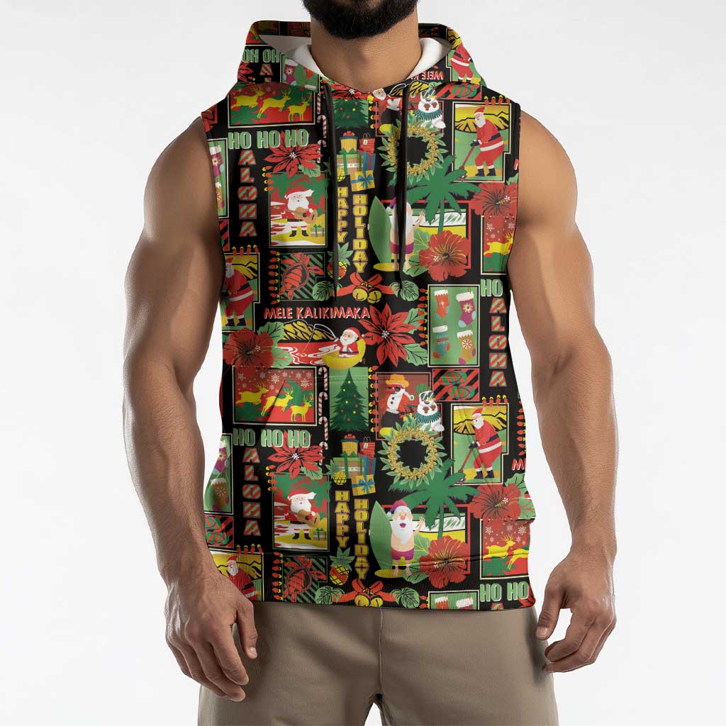 Hawaiian Santa Christmas Pattern Sleeveless Hoodie Black Version - Wonder Print Shop
