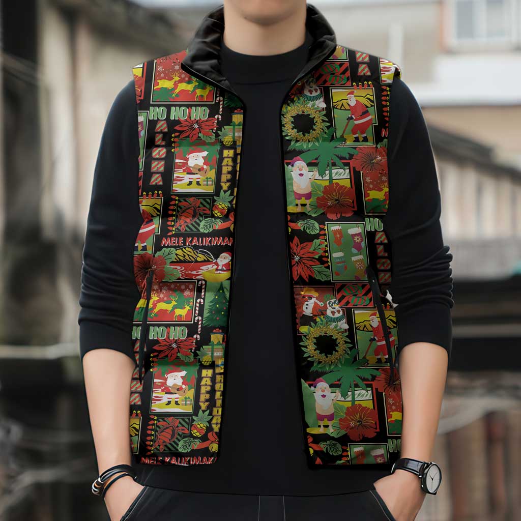 Hawaiian Santa Christmas Pattern Sleeveless Puffer Jacket Black Version - Wonder Print Shop