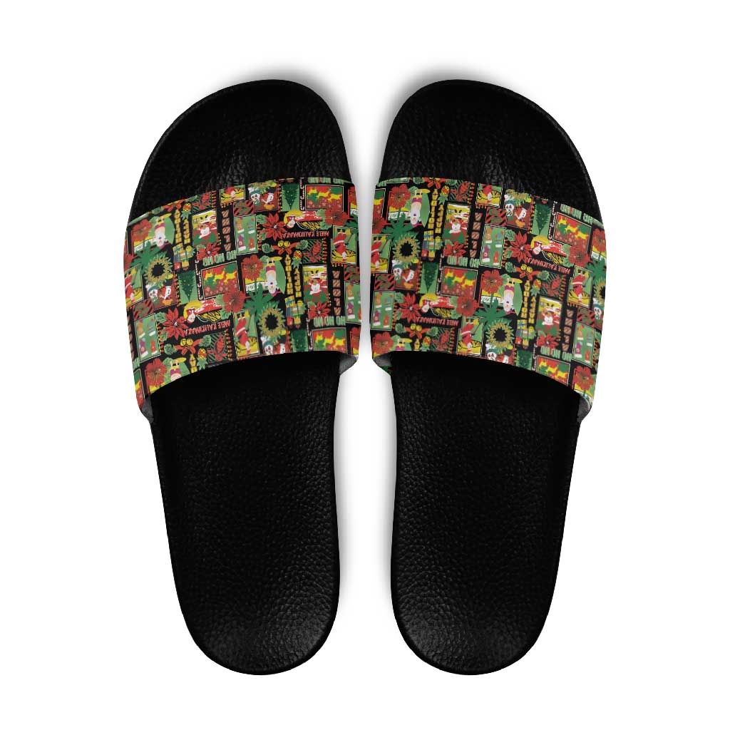 Hawaiian Santa Christmas Pattern Slide Sandals Black Version - Wonder Print Shop