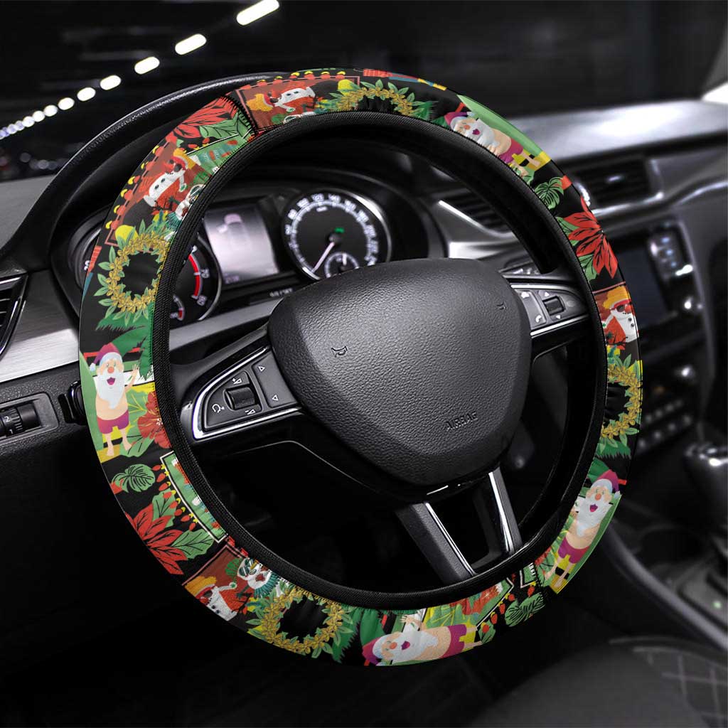 Hawaiian Santa Christmas Pattern Steering Wheel Cover Black Version - Wonder Print Shop