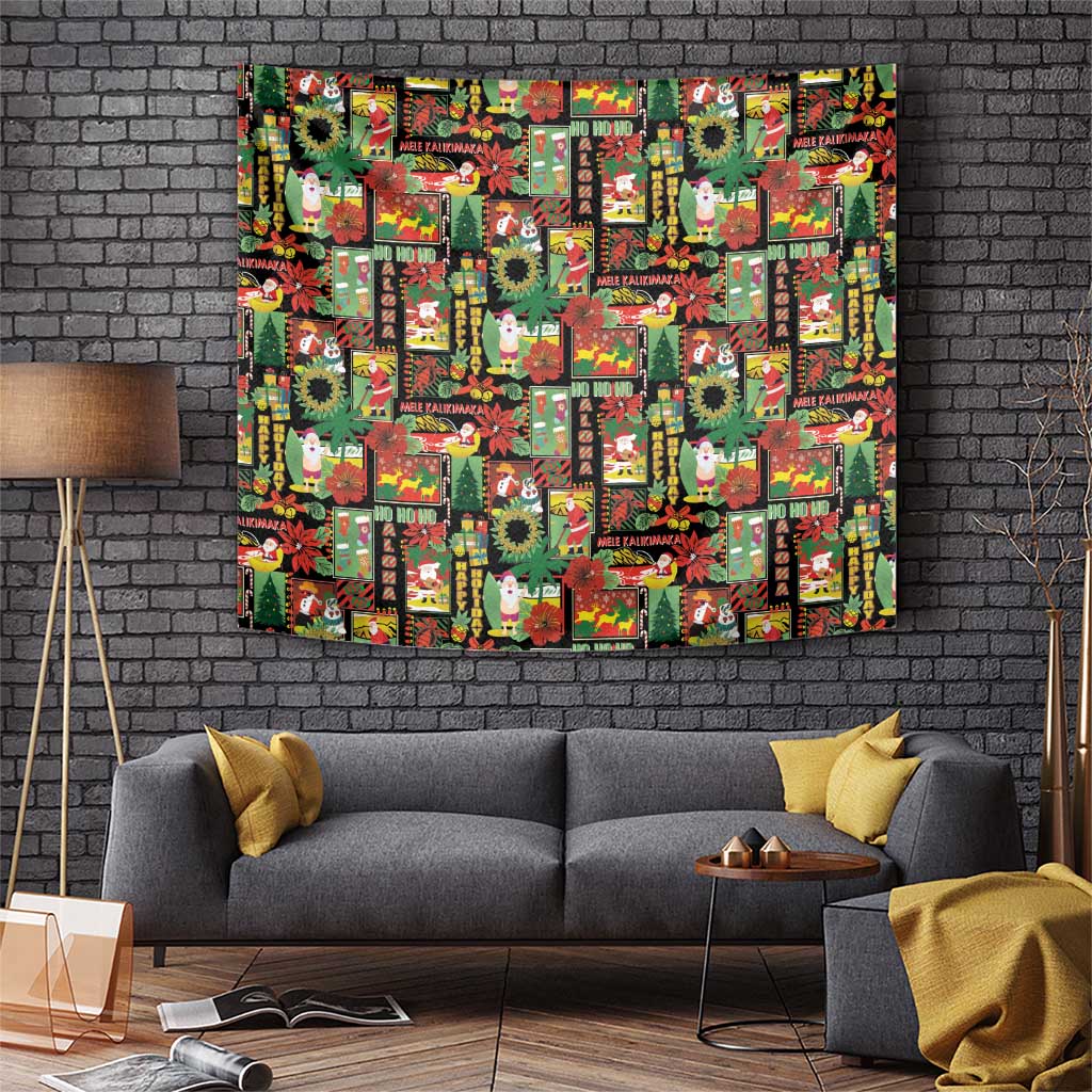 Hawaiian Santa Christmas Pattern Tapestry Black Version - Wonder Print Shop