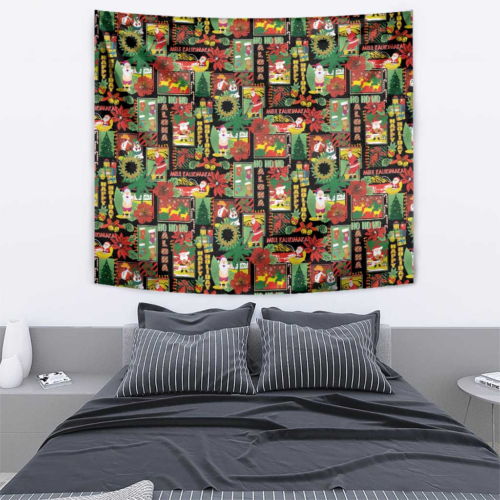 Hawaiian Santa Christmas Pattern Tapestry Black Version - Wonder Print Shop