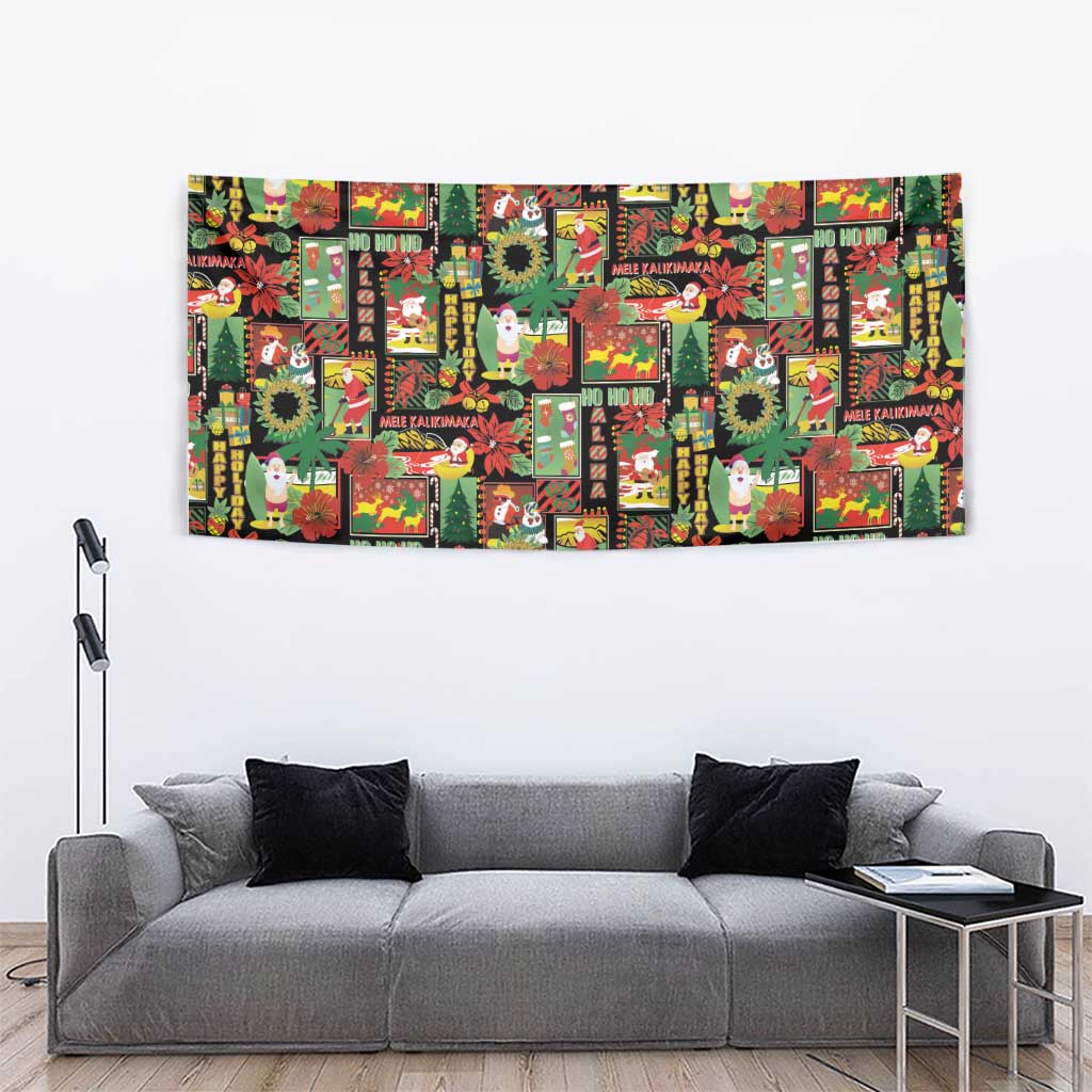 Hawaiian Santa Christmas Pattern Tapestry Black Version - Wonder Print Shop