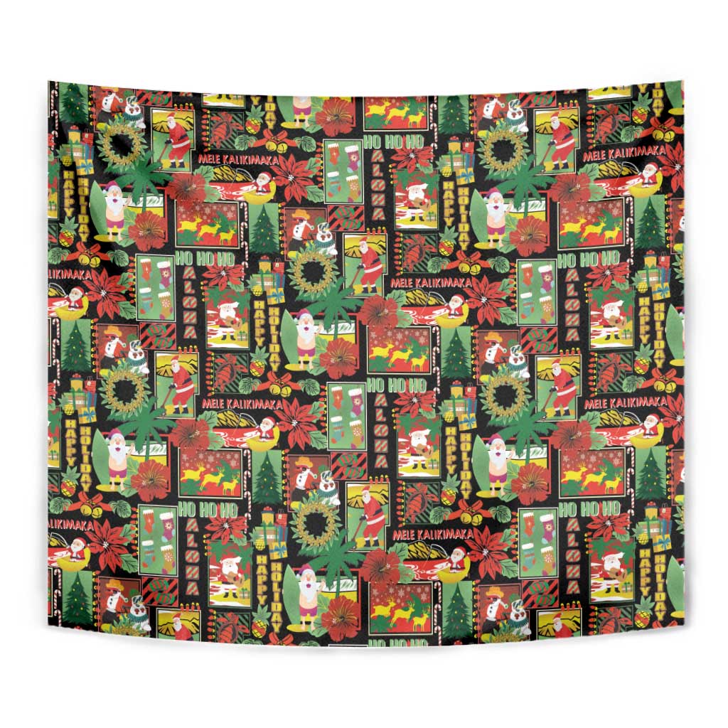 Hawaiian Santa Christmas Pattern Tapestry Black Version - Wonder Print Shop