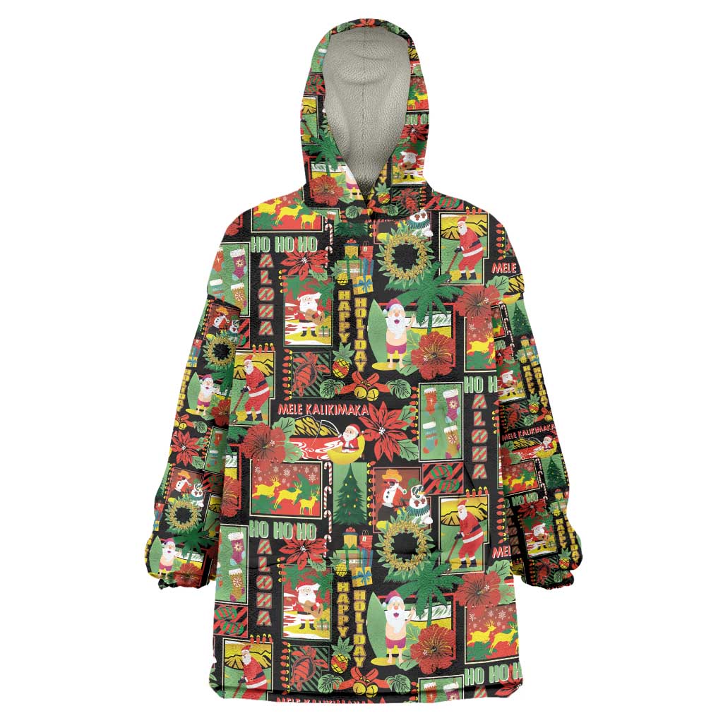 Hawaiian Santa Christmas Pattern Wearable Blanket Hoodie Black Version - Wonder Print Shop