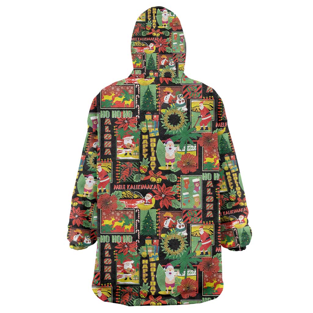 Hawaiian Santa Christmas Pattern Wearable Blanket Hoodie Black Version - Wonder Print Shop