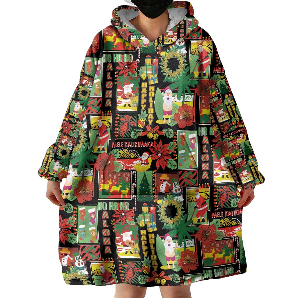 Hawaiian Santa Christmas Pattern Wearable Blanket Hoodie Black Version - Wonder Print Shop
