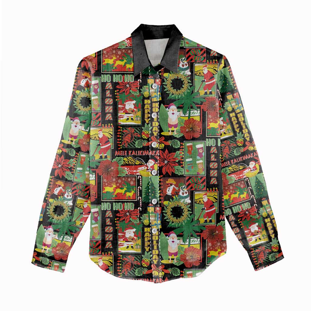 Hawaiian Santa Christmas Pattern Women Casual Shirt Black Version - Wonder Print Shop