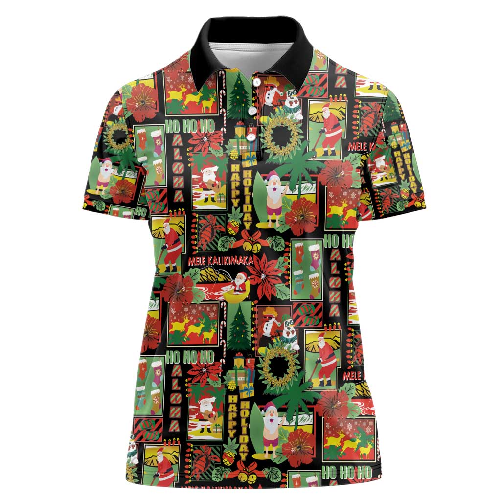 Hawaiian Santa Christmas Pattern Women Polo Shirt Black Version - Wonder Print Shop