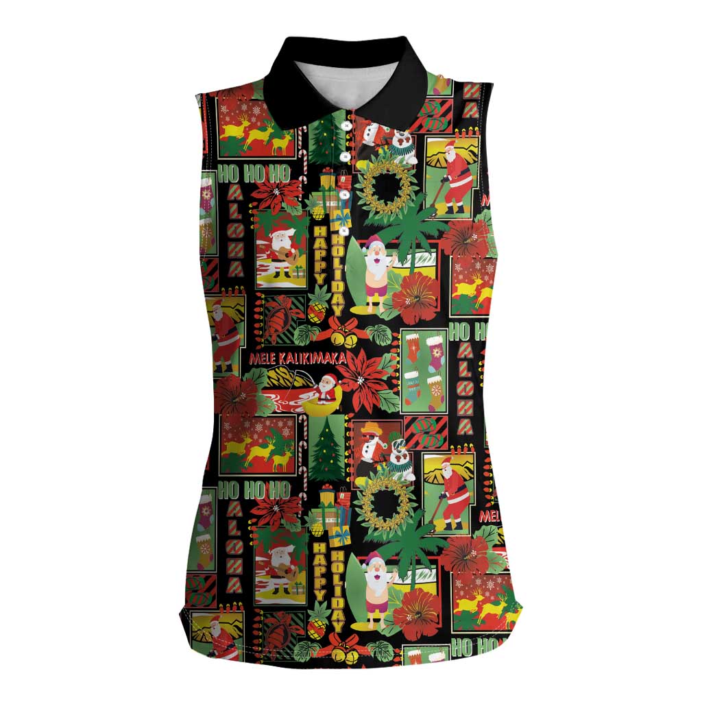Hawaiian Santa Christmas Pattern Women Sleeveless Polo Shirt Black Version - Wonder Print Shop
