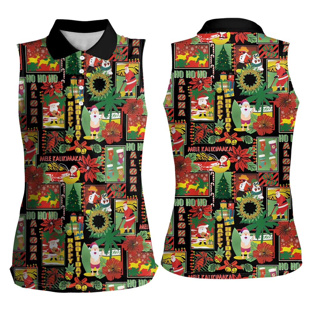 Hawaiian Santa Christmas Pattern Women Sleeveless Polo Shirt Black Version - Wonder Print Shop