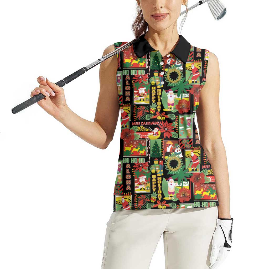 Hawaiian Santa Christmas Pattern Women Sleeveless Polo Shirt Black Version - Wonder Print Shop