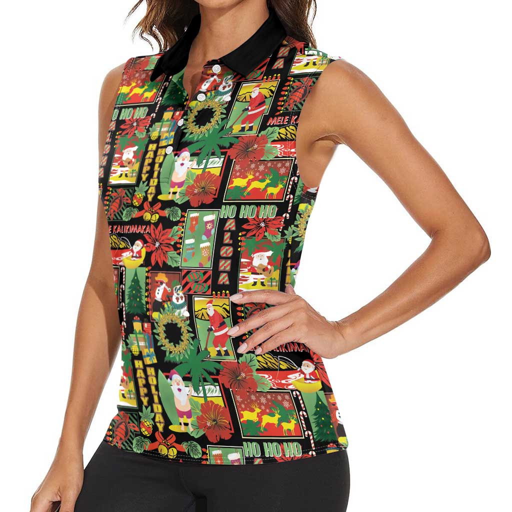 Hawaiian Santa Christmas Pattern Women Sleeveless Polo Shirt Black Version - Wonder Print Shop