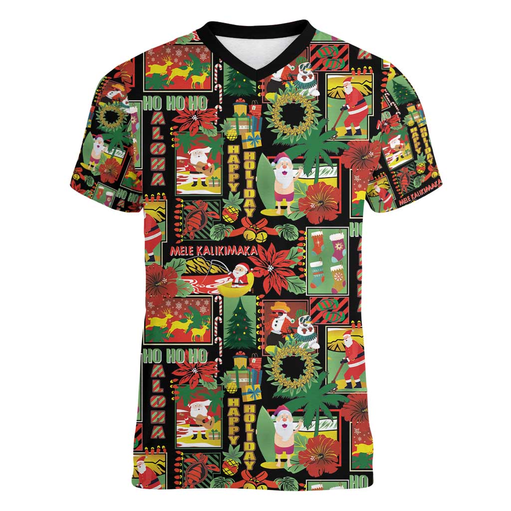 Hawaiian Santa Christmas Pattern Women V-Neck T-Shirt Black Version - Wonder Print Shop
