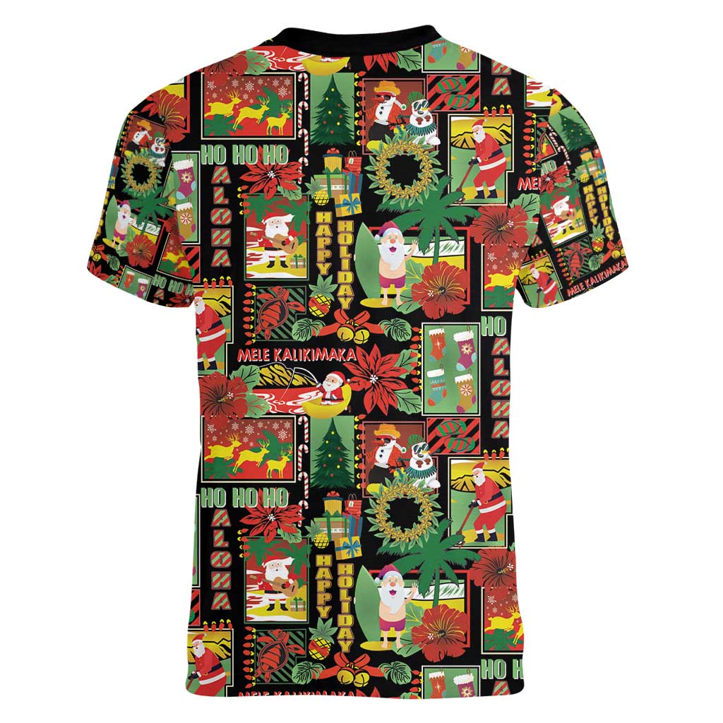Hawaiian Santa Christmas Pattern Women V-Neck T-Shirt Black Version - Wonder Print Shop