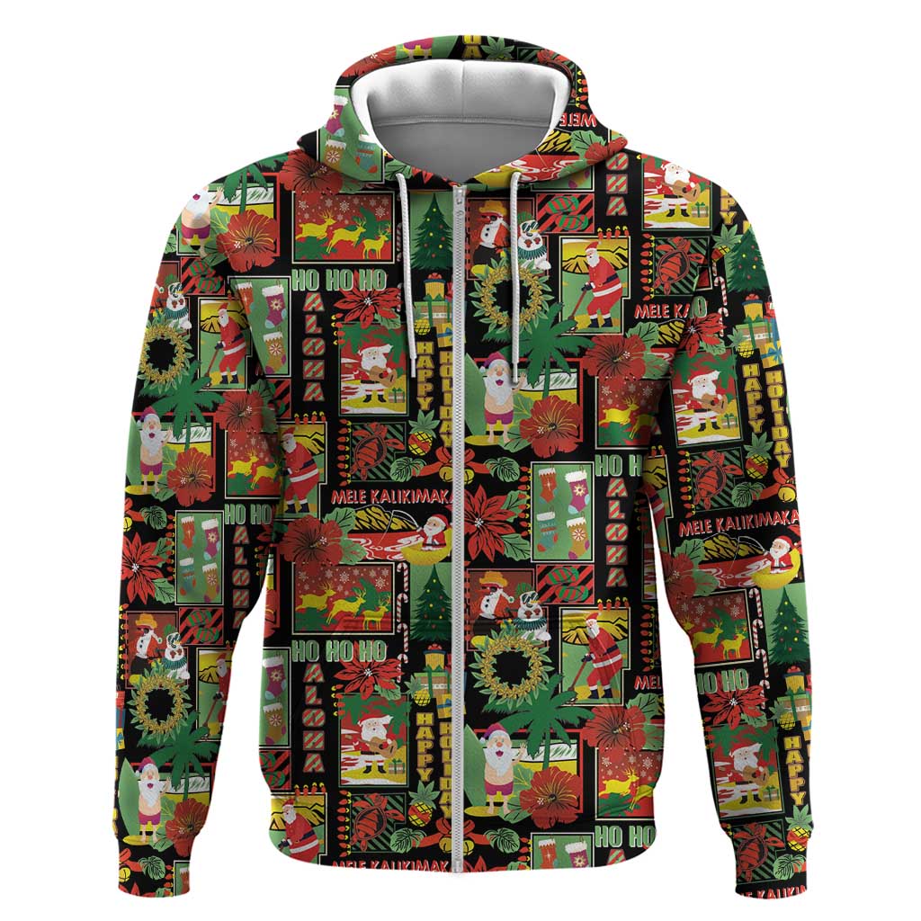 Hawaiian Santa Christmas Pattern Zip Hoodie Black Version - Wonder Print Shop