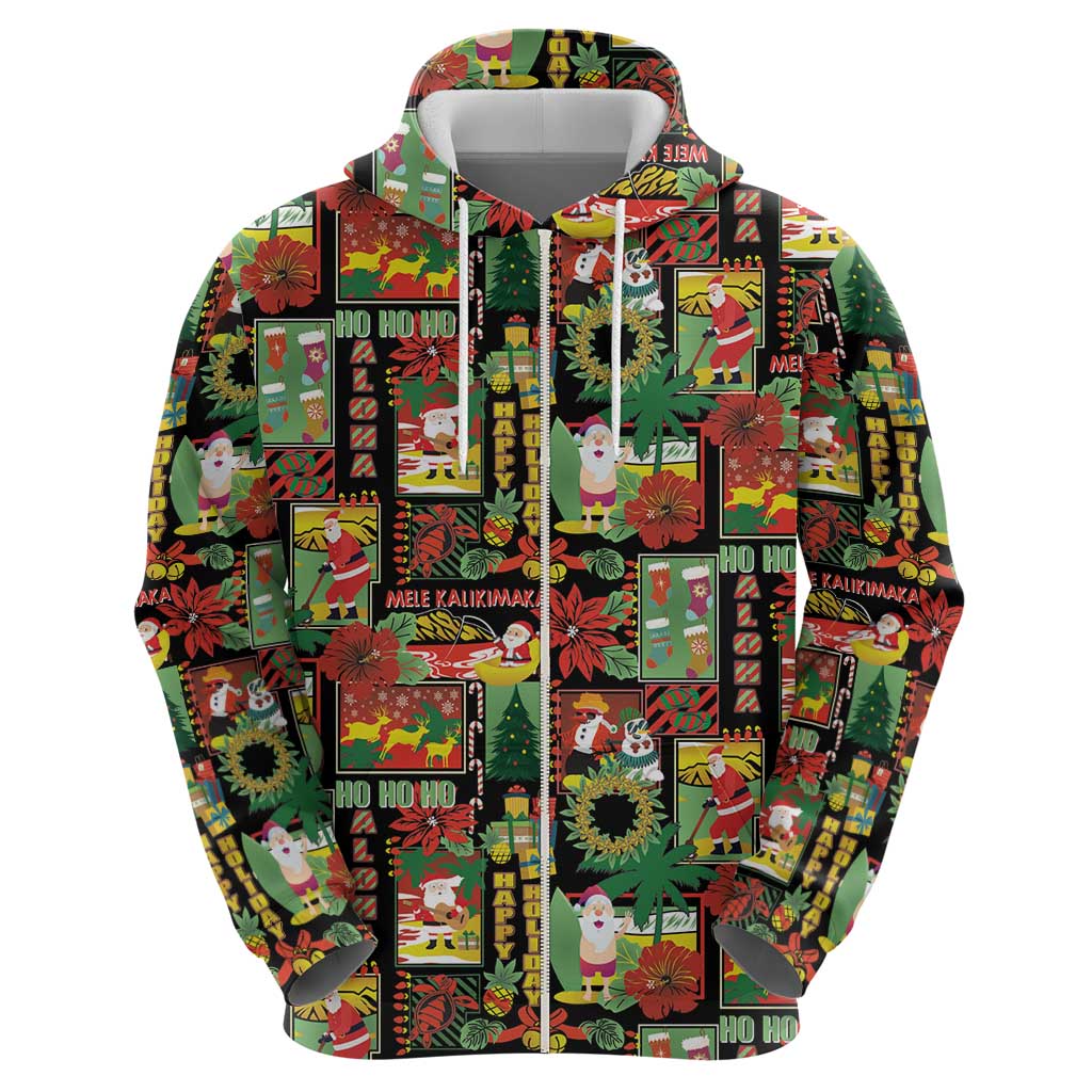 Hawaiian Santa Christmas Pattern Zip Hoodie Black Version - Wonder Print Shop
