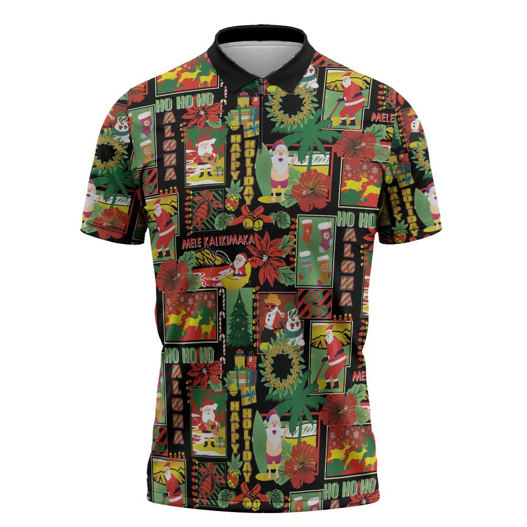 Hawaiian Santa Christmas Pattern Zipper Polo Shirt Black Version - Wonder Print Shop