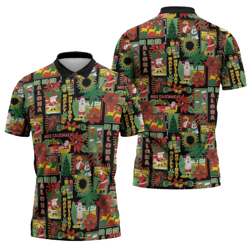 Hawaiian Santa Christmas Pattern Zipper Polo Shirt Black Version - Wonder Print Shop