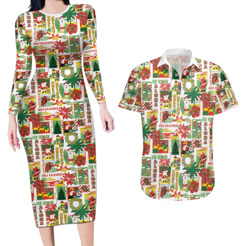 Hawaiian Santa Christmas Pattern Couples Matching Long Sleeve Bodycon Dress and Hawaiian Shirt White Version - Wonder Print Shop