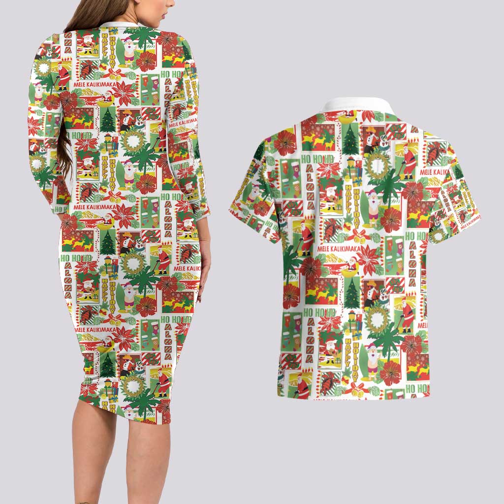 Hawaiian Santa Christmas Pattern Couples Matching Long Sleeve Bodycon Dress and Hawaiian Shirt White Version - Wonder Print Shop